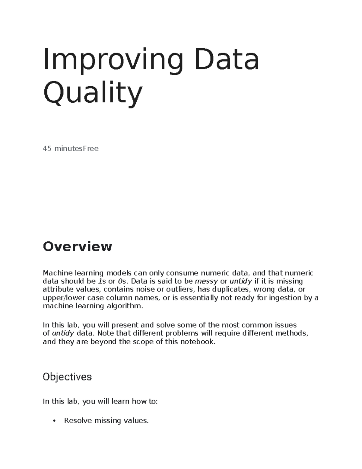 Improving Data Quality Lab: ML Preprocessing Techniques (ML101) - Studocu