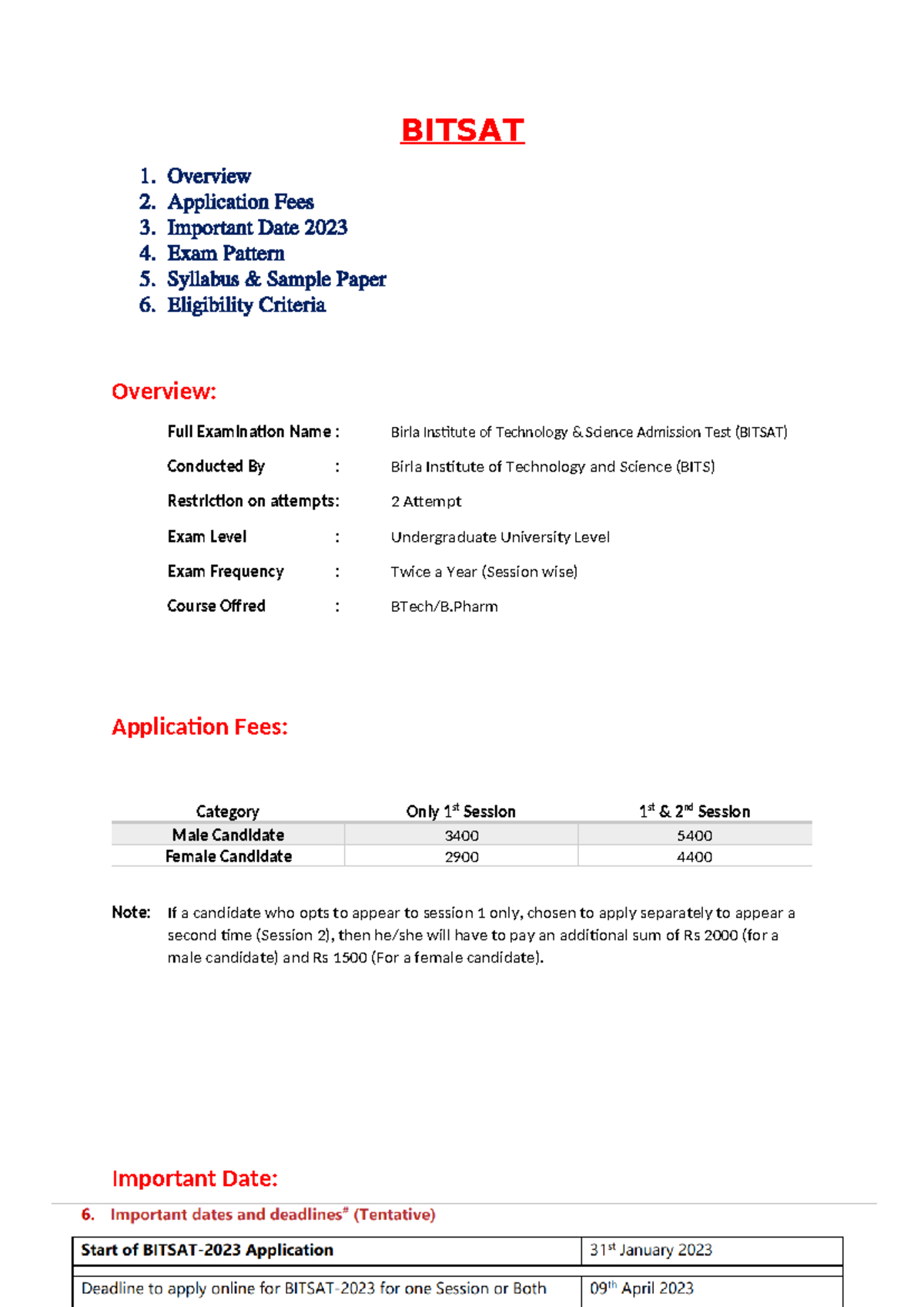 BITSAT 2023: Overview, Fees, Dates, Pattern & Syllabus Notes - Studocu