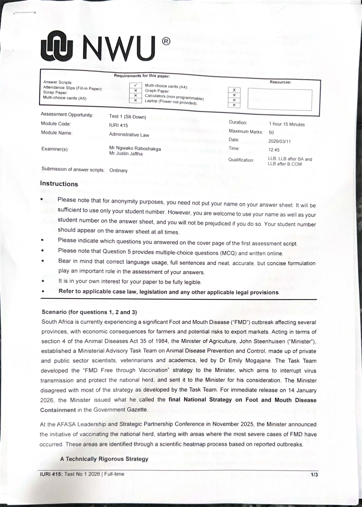 IURI 415: Admin Law Test 1 Guidelines and Scenario Analysis 2026 - Studocu
