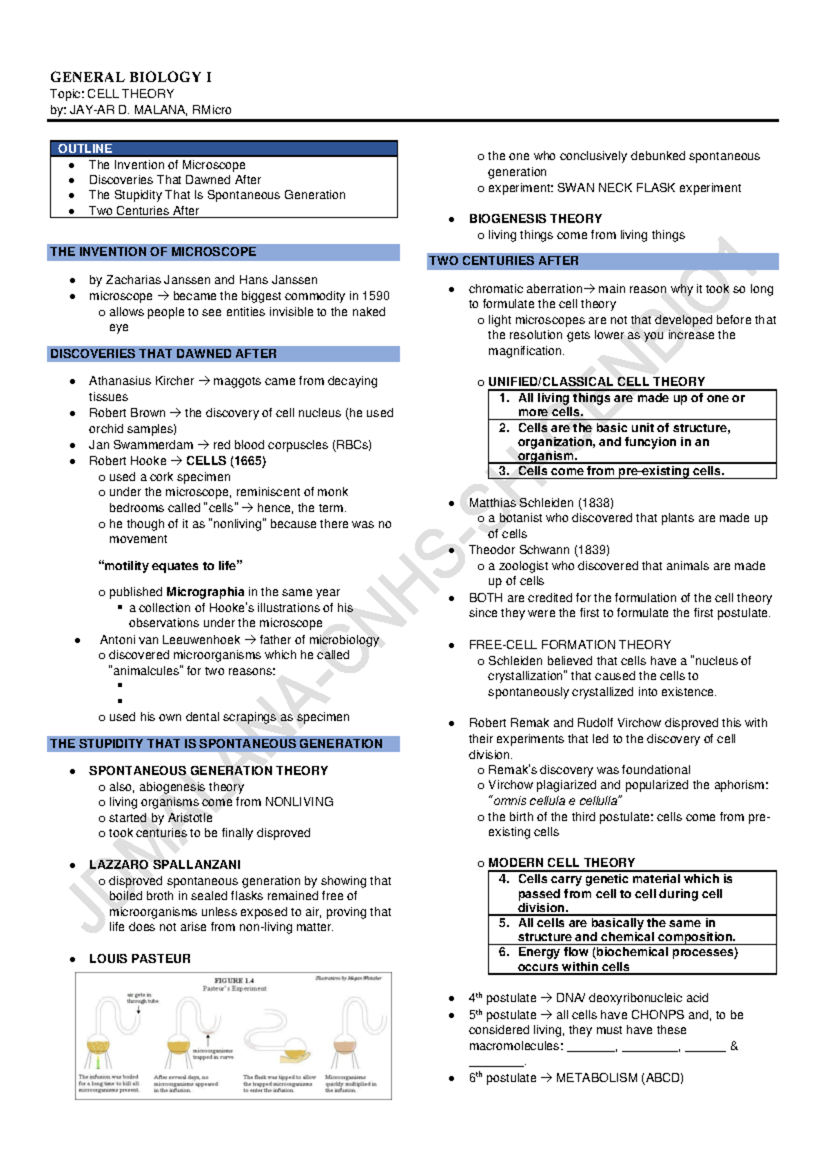 GENERAL BIOLOGY I: CELL THEORY & STRUCTURES REVIEW NOTES - Studocu