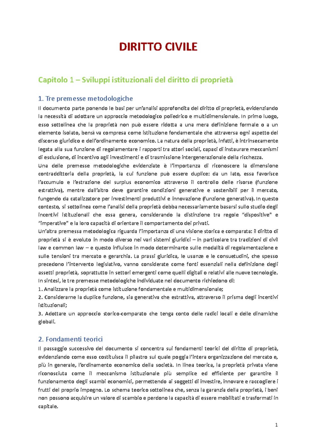 Riassunto del Diritto Civile: Capitolo 1 - Proprietà e Sviluppo Istituzionale - Document Preview