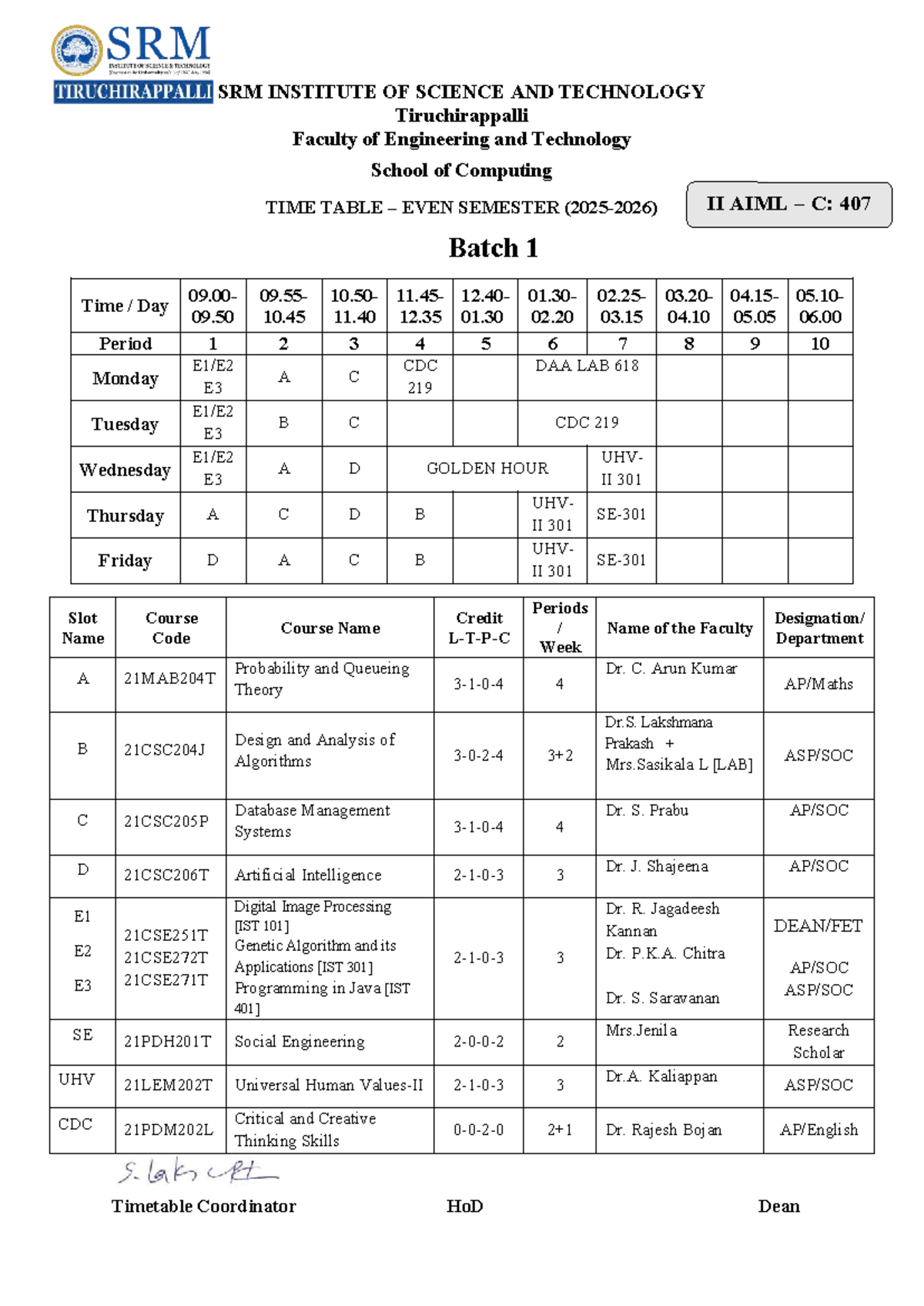 SRM IST II AIML EVEN SEMESTER TIME TABLE Batches 1 & 2 - Studocu