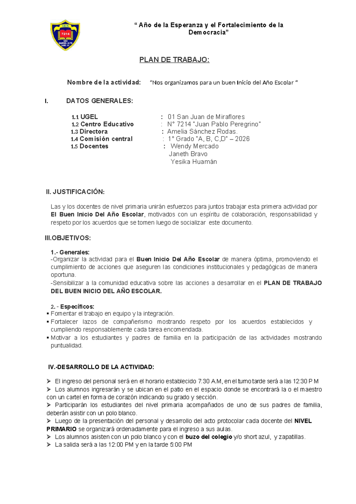 PLAN DE TRABAJO: Buen Inicio del Año Escolar 2026 - Document Preview
