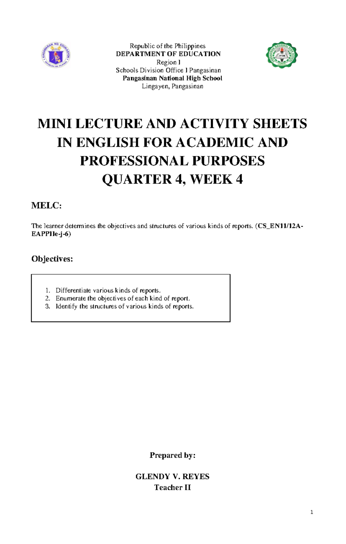 Mini Lecture & Activity Sheets: Various Kinds of Reports (EAPP Q4 W4 ...