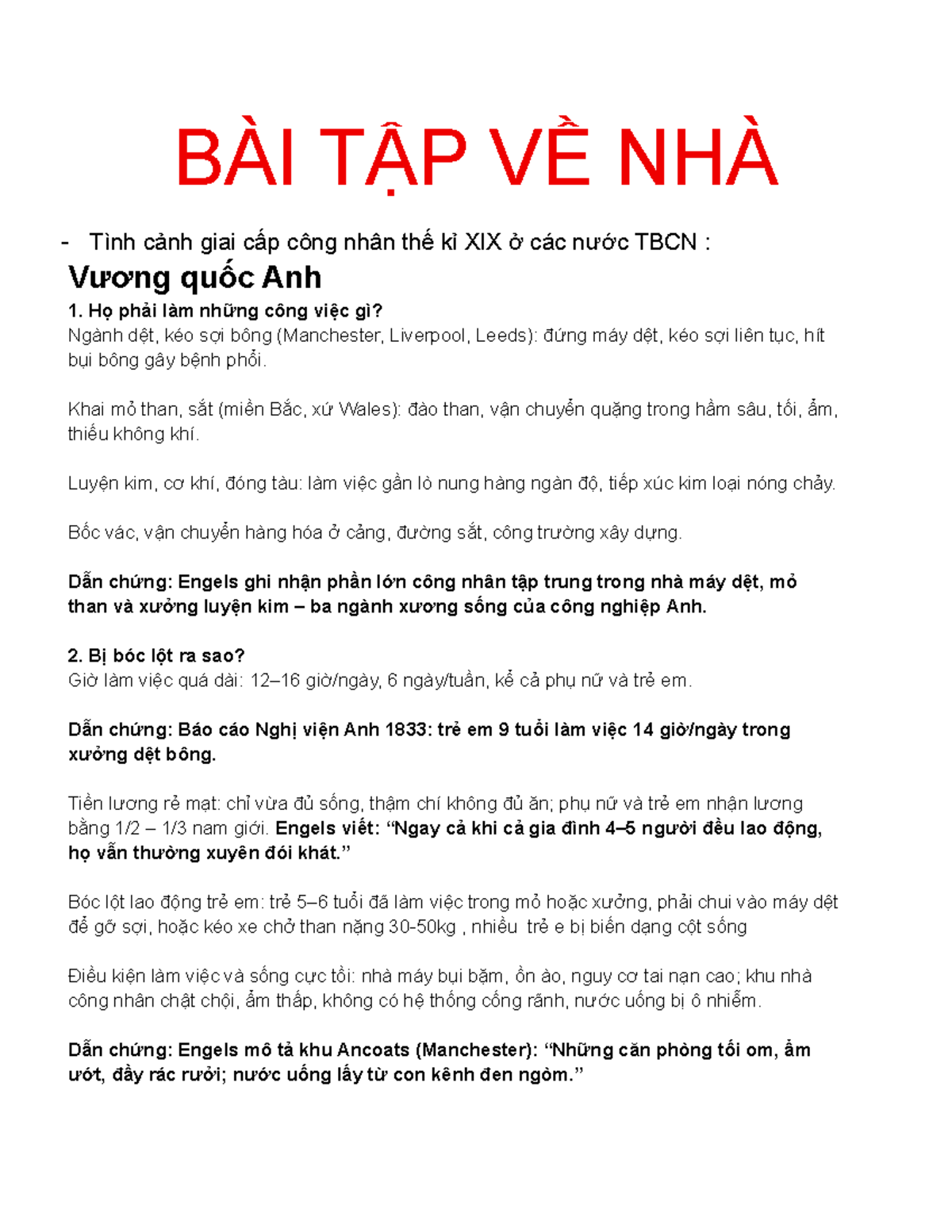 BÀI TẬP VỀ NHÀ: Tình Cảnh Giai Cấp Công Nhân Thế Kỷ XIX TBCN - Studocu