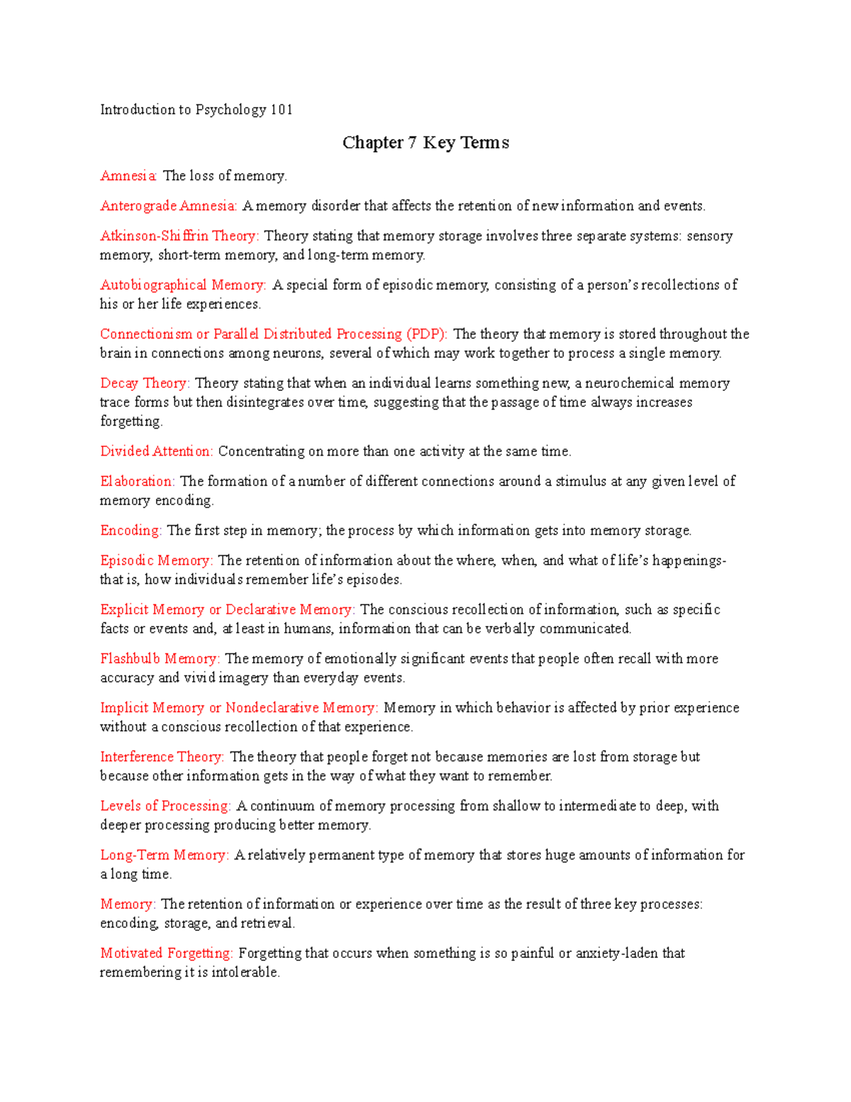 Psych Vocab Ch 7 - Introduction to Psychology 101 Chapter 7 Key Terms ...