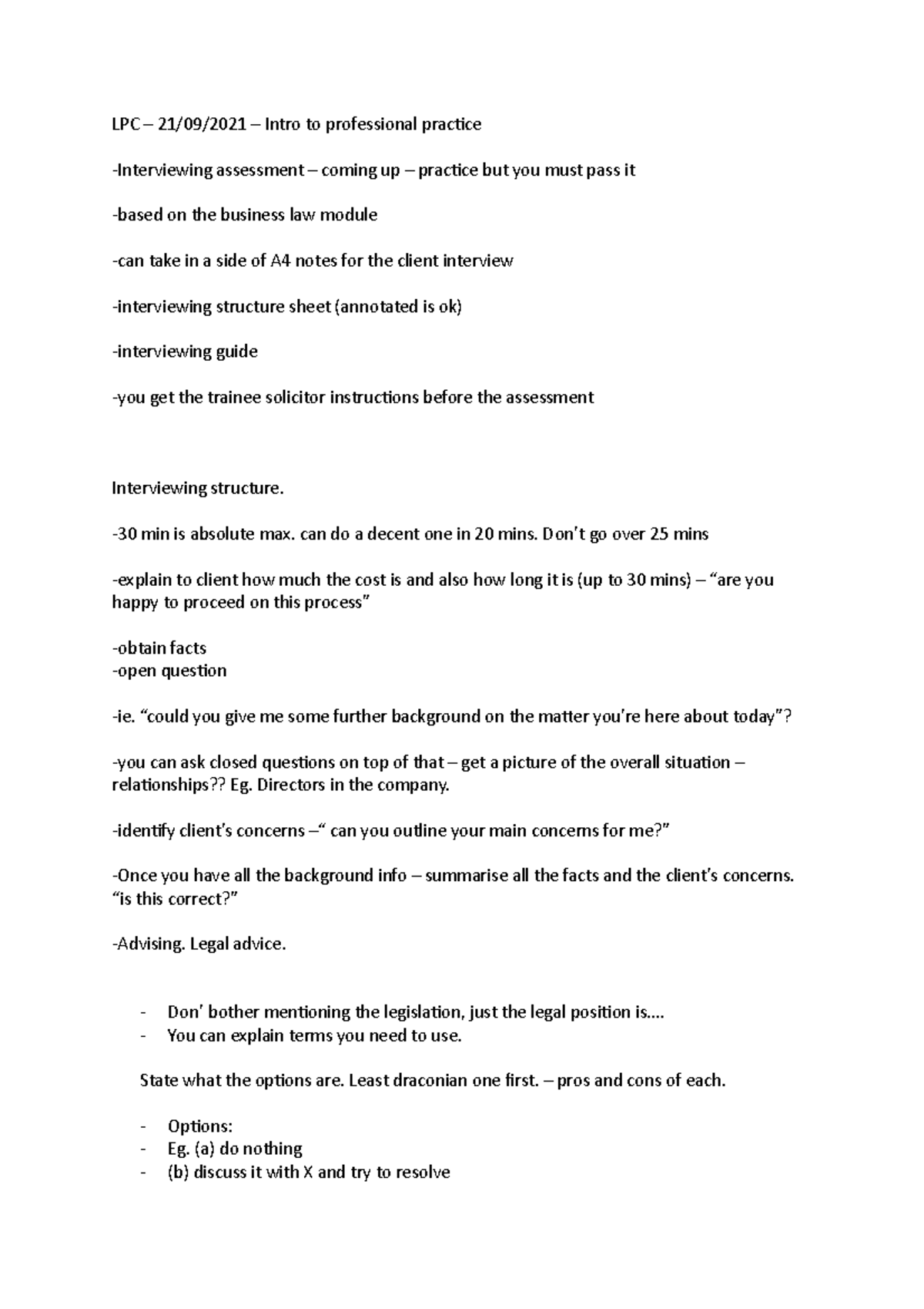 LPC Interviewing - Lecture notes 2 - LPC – 21/09/2021 – Intro to ...