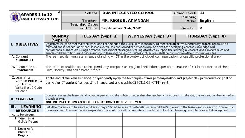 Empotech-DLL Q1 Week 1: Daily Lesson Log for Grade 11 English - Studocu