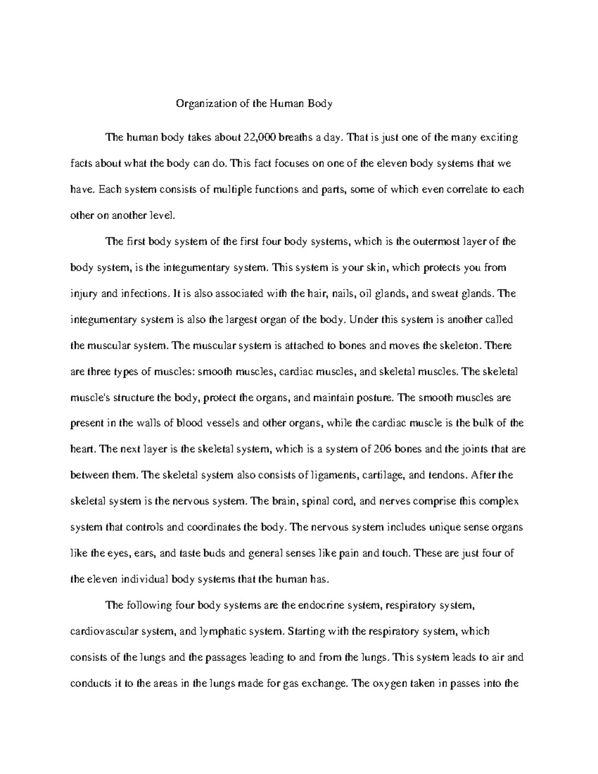 A&P Essay 1 - Organization of the Human Body Systems - Studocu