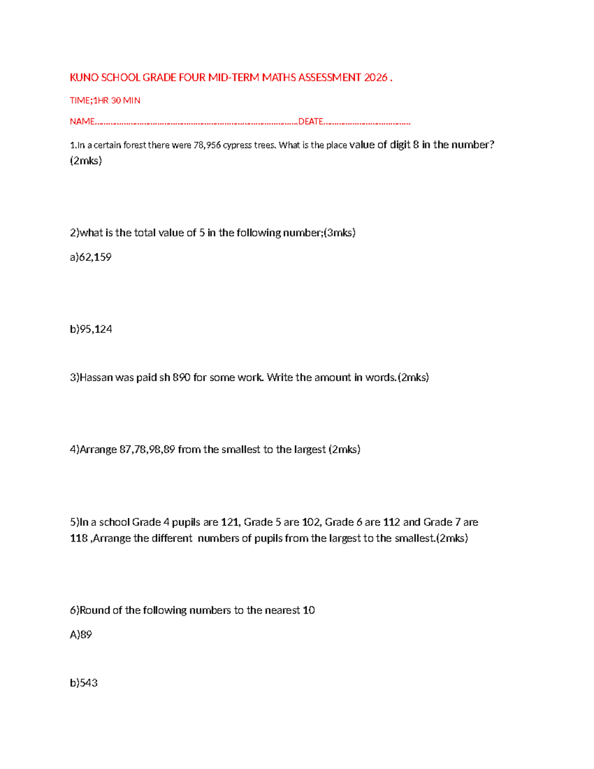 KUNO School Grade 4 Maths Assessment 2026 - 30 Min Test - Studocu