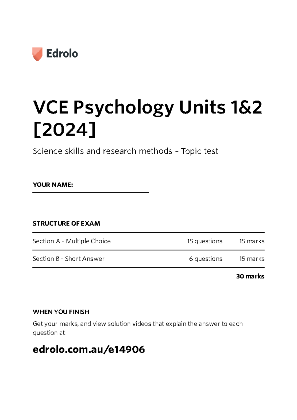 VCE Psychology Research Methods Practice Exam: Structure & Questions ...