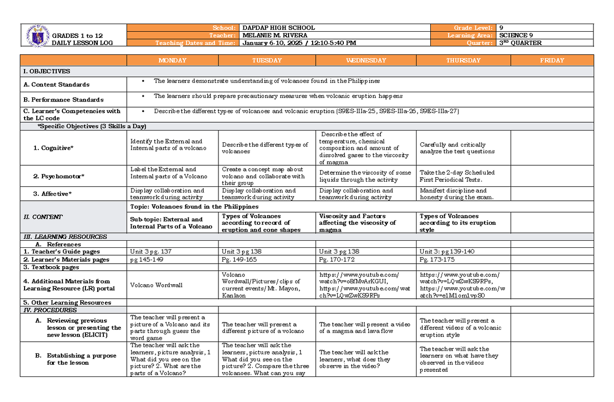 MMR DLL Science 9 Jan6-10 - GRADES 1 to 12 DAILY LESSON LOG School ...