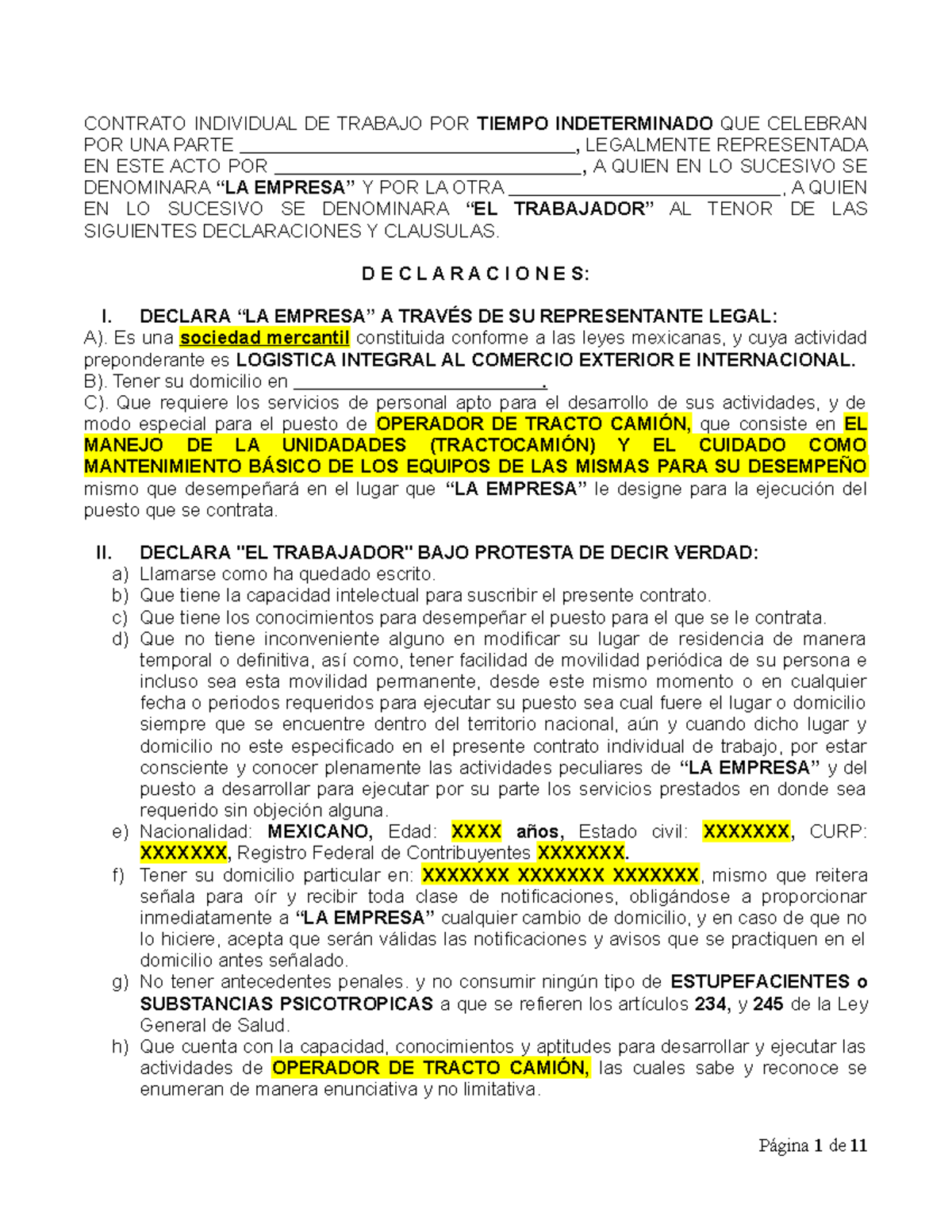 Formato de Contrato Individual para Operador de Tracto Camión - Document Preview
