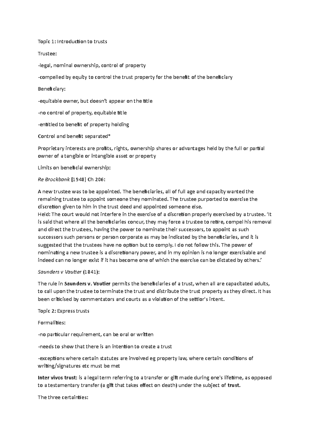 Trusts Law Exam Revision Notes (Topics 1 & 2) - Key Concepts & Cases ...