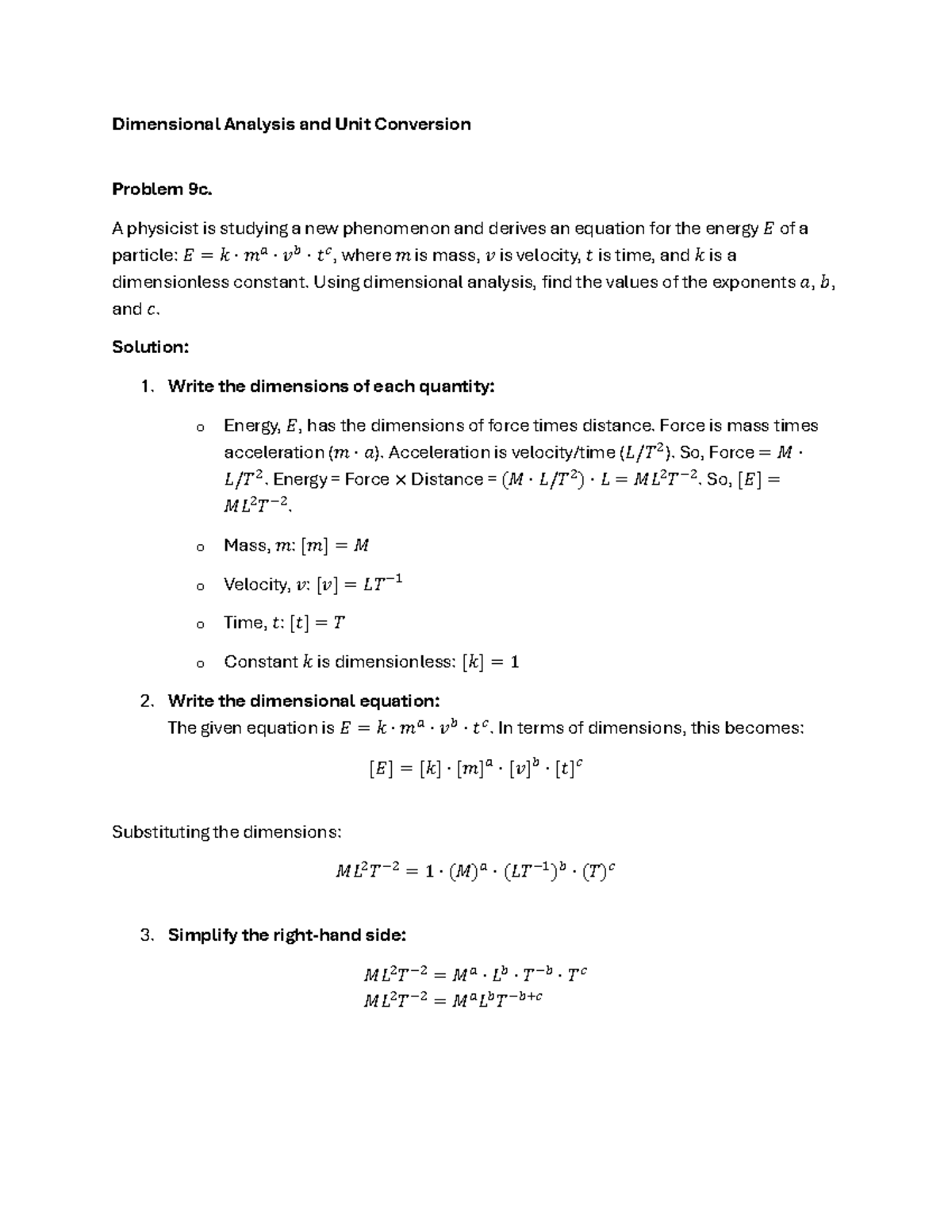 Physics Unit 1: Dimensional Analysis & Unit Conversion Problem 9c - Studocu