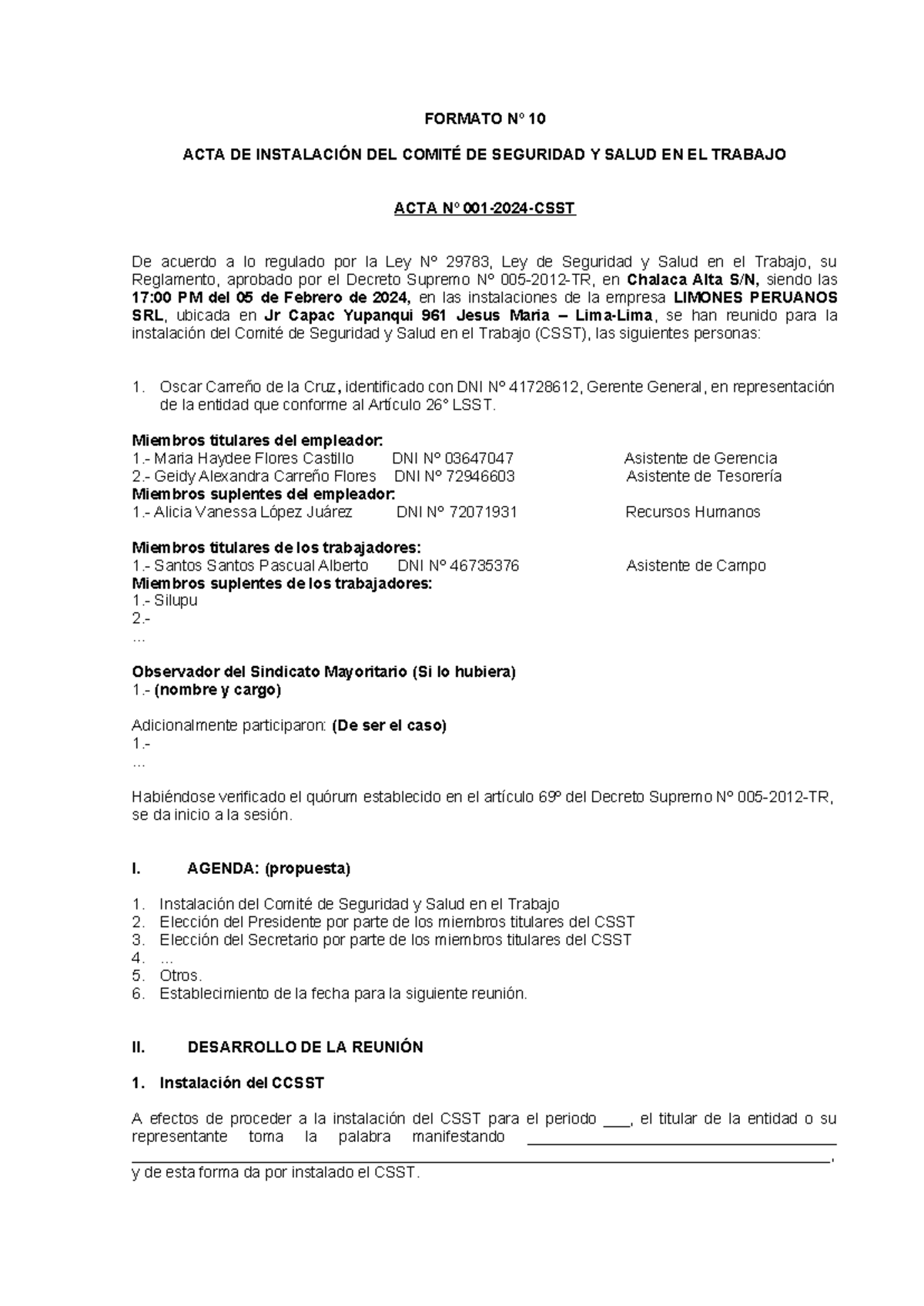 Acta de Instalación del Comité de Seguridad y Salud – SST 001-2024 ...