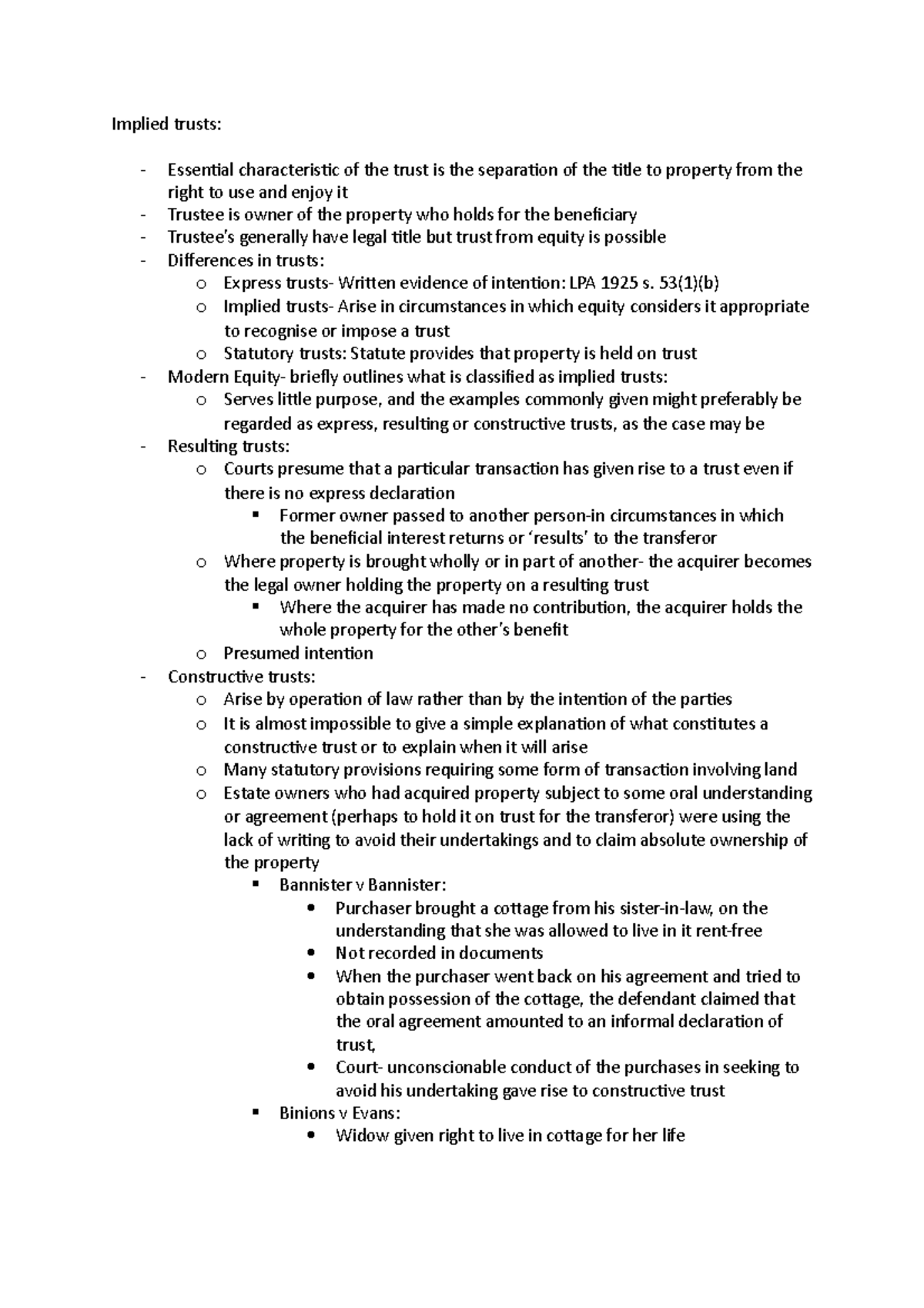 Implied Trusts - Lecture Notes for Law 301: Equity and Trusts - Studocu