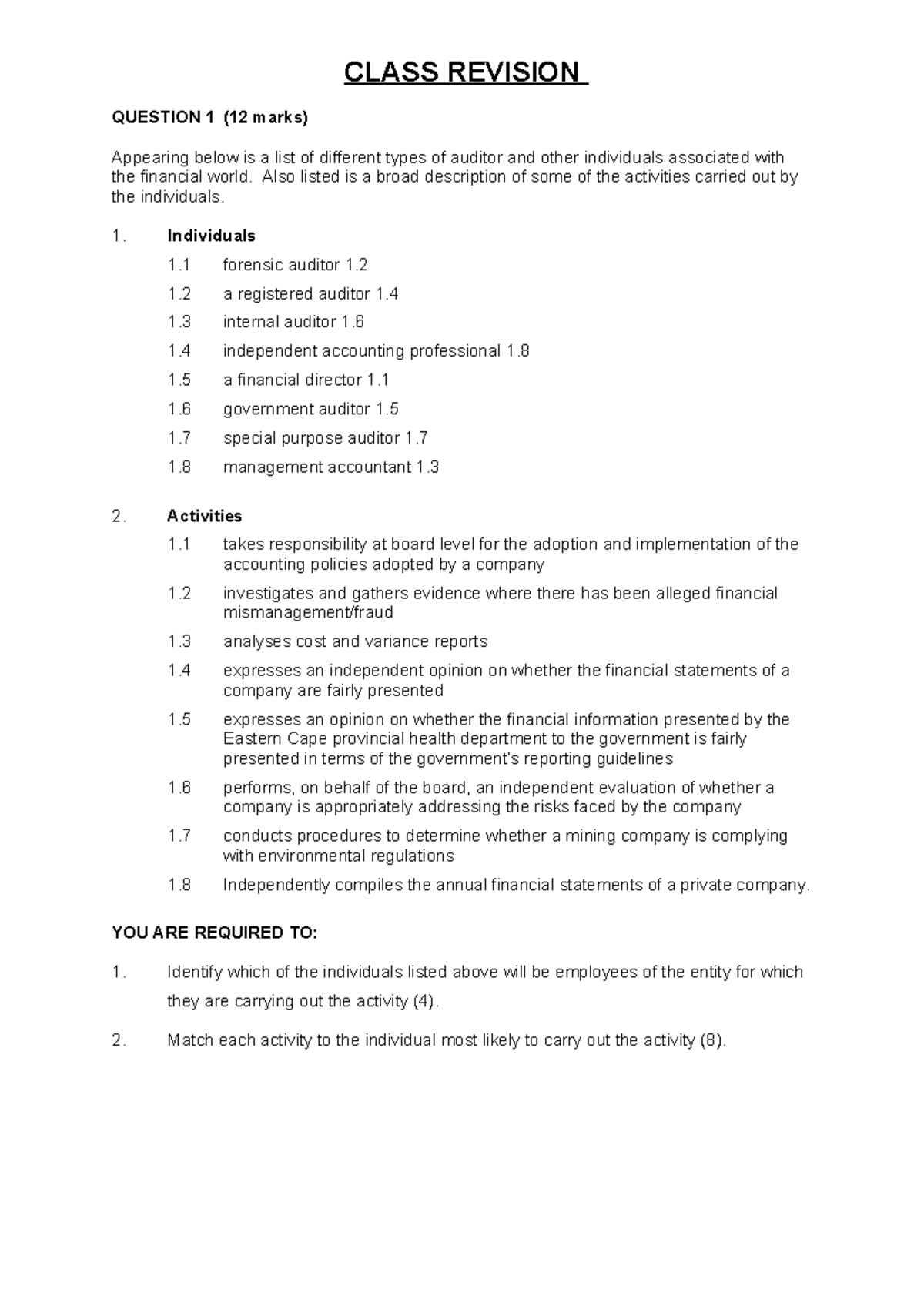 CLASS REVISION: Auditor Roles & Activities (12 Marks) - Studocu
