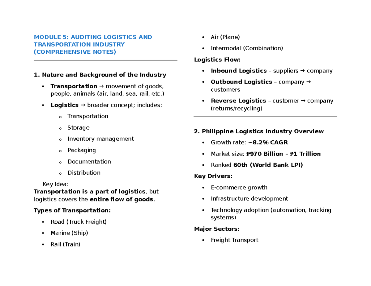MODULE 5: AUDITING LOGISTICS & TRANSPORTATION INDUSTRY (COMPREHENSIVE ...
