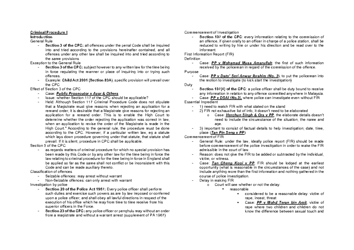 CPC 1 Notes: Overview of Criminal Procedure Code and Key Cases - Studocu