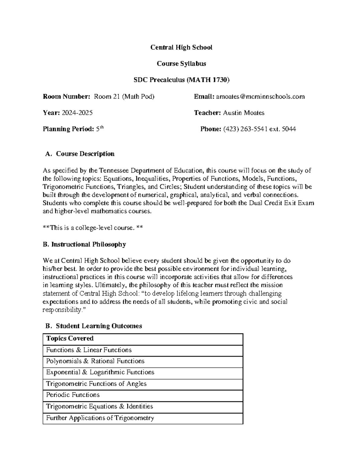 Moates - SDC Precalculus Syllabus (MATH 1730) 2024-2025 - Studocu