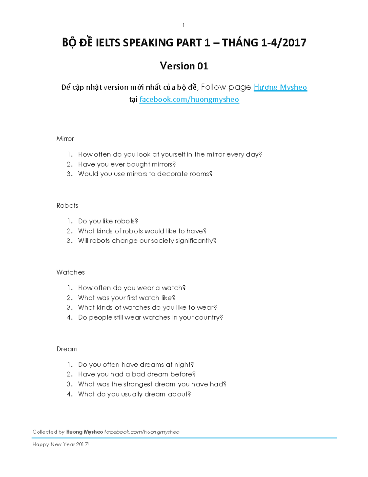 Bo de Ielts Speaking part 1 Spring 2017 version 1 PDF - Collected by ...