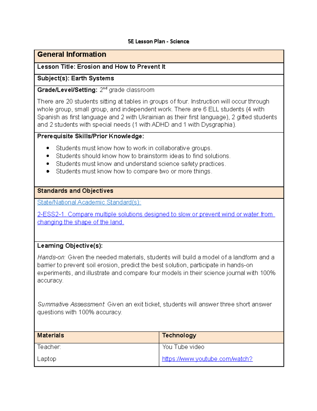 Science Methods 5E Lesson Plan: Erosion & Prevention Strategies - Studocu