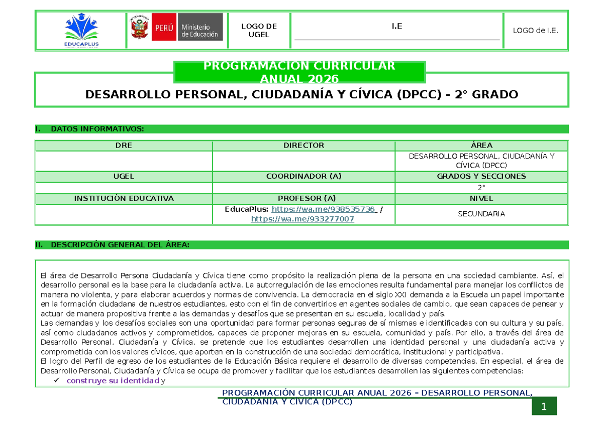 DPCC 2° - Programación Curricular Anual 2026 en Desarrollo Personal y ...