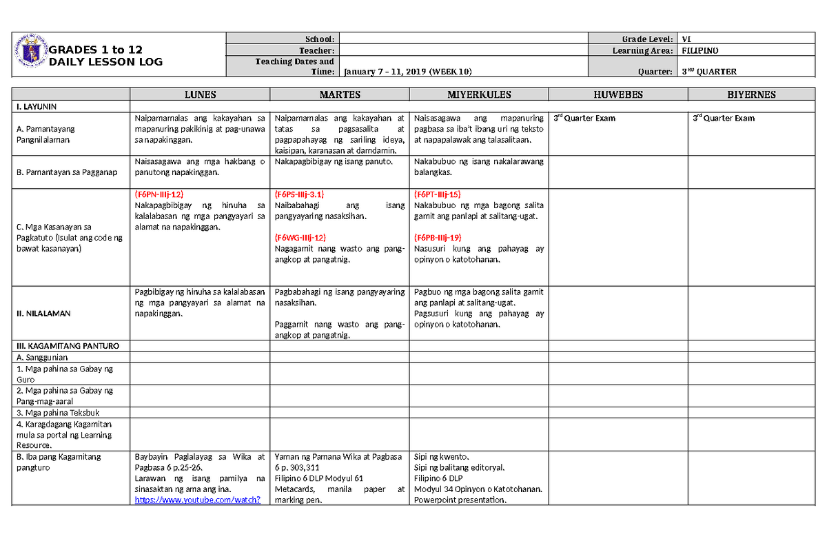 445225796 DLL Filipino 6 Q3 W10 Daily Lesson Log Overview - Studocu