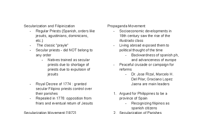 Kasaysayan Notes on Secularization & Filipinization for LE 2 - Studocu