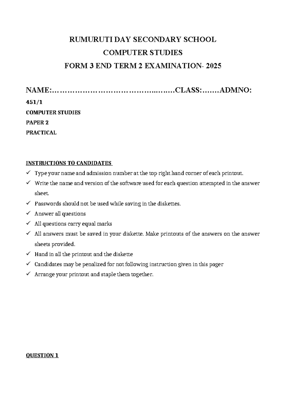 Computer Studies P2 (1) F3: End Term 2 Practical Instructions - Studocu