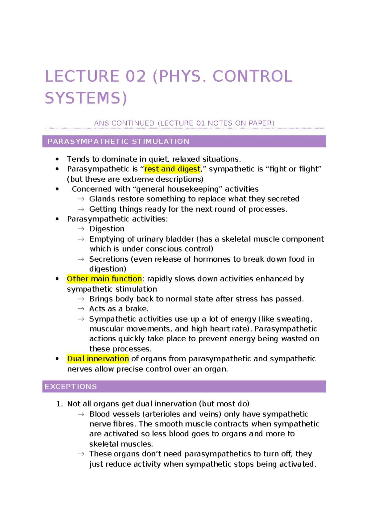 Physiology Lecture: Final Exam Notes on Autonomic Control Systems - Studocu
