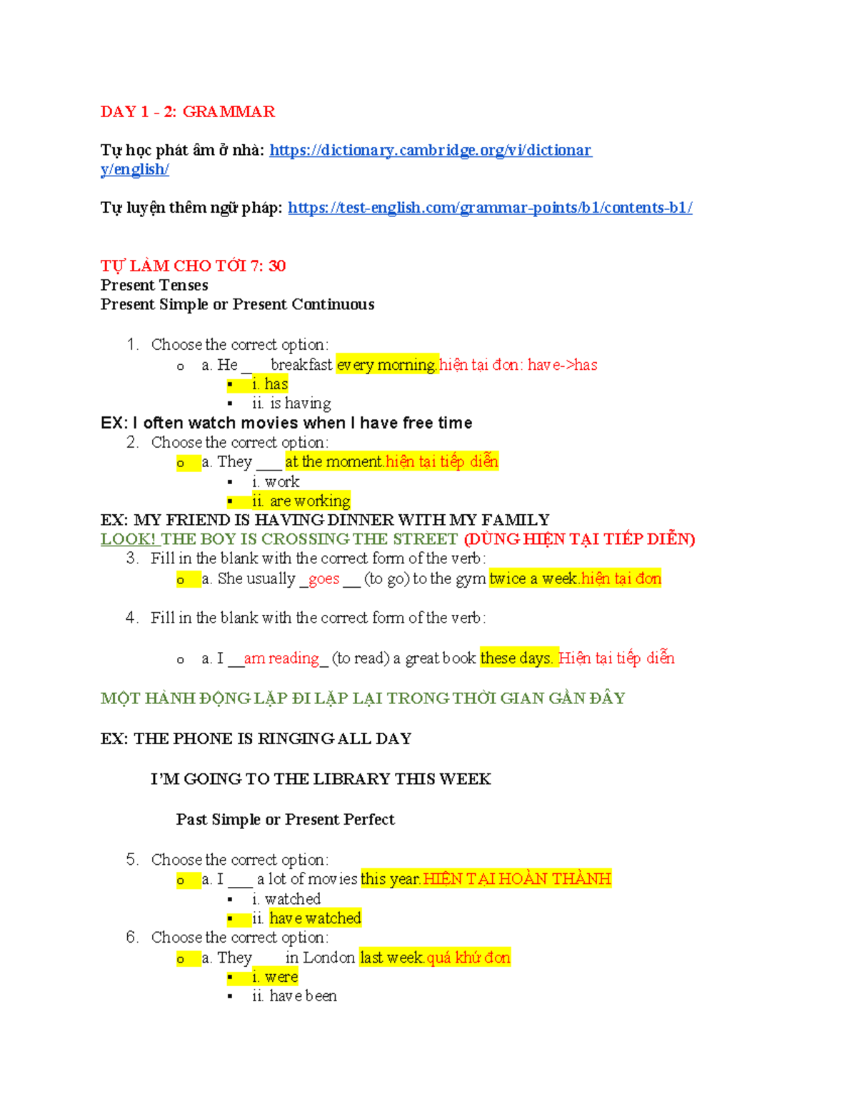 DAY 1-2 TADV FLIC: Grammar and Tenses Overview - Studocu