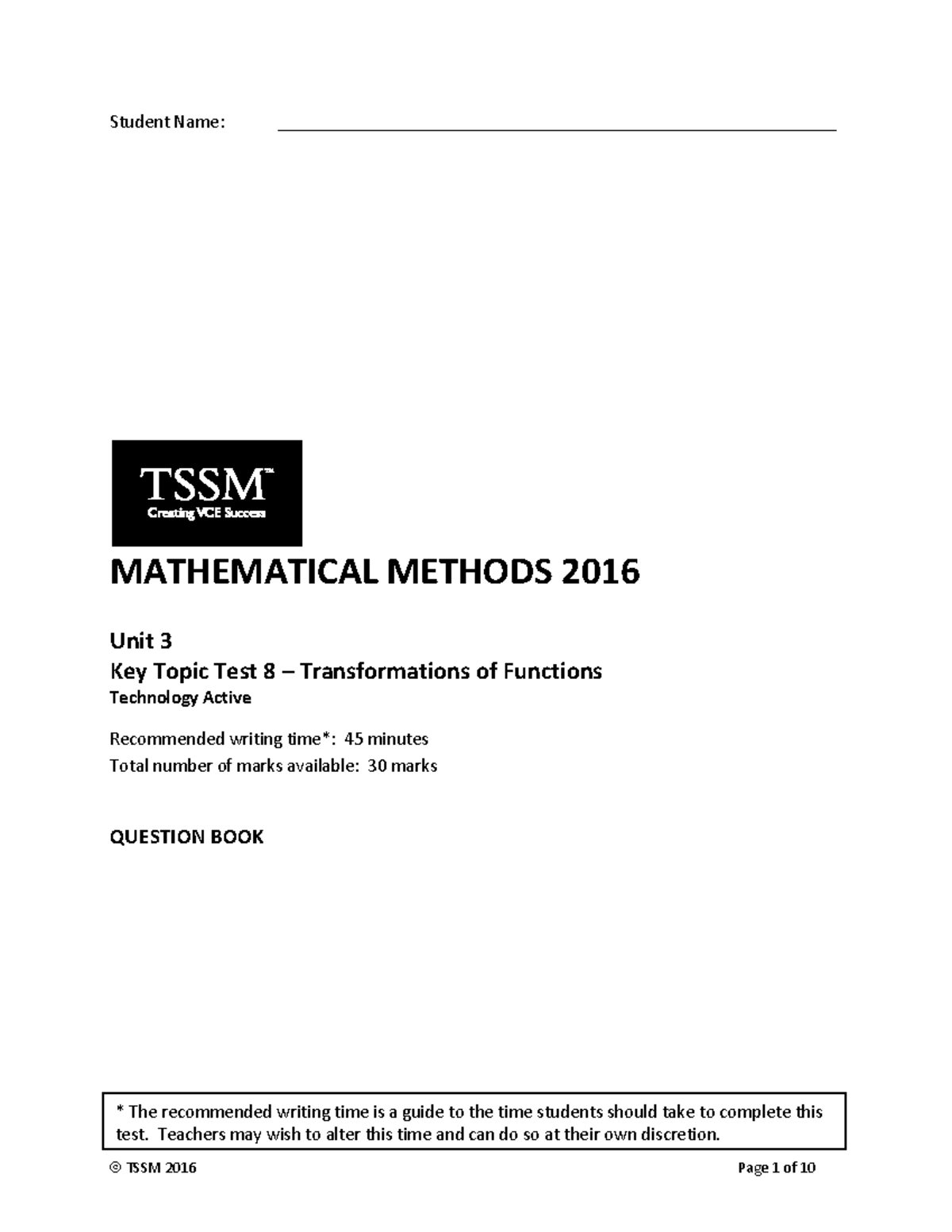 KTT 8 Transformations of Functions - Key Topic Test 2016 - Studocu