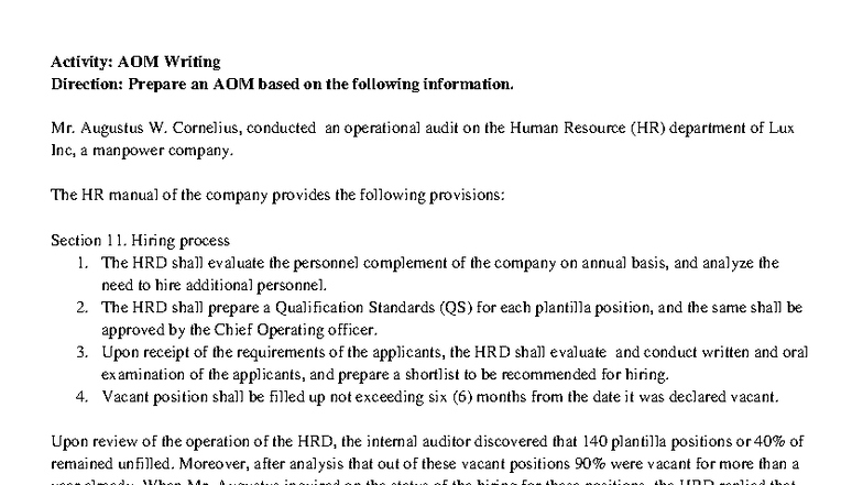 AOM Activity: Operational Audit of HRD at Lux Inc (Elec-3) - Studocu