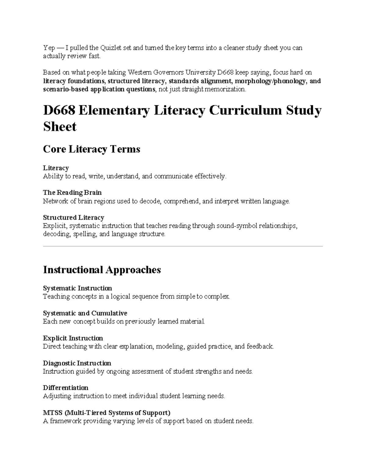 D668 Final Exam Study Sheet: Key Terms in Elementary Literacy - Studocu