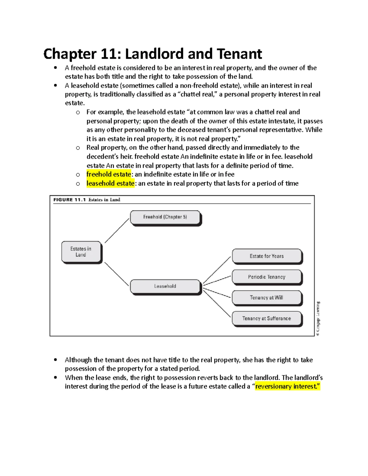 BLAW330 CH11 - CH11 outline - Real Estate Law - Chapter 11: Landlord and  Tenant  A freehold estate - Studocu