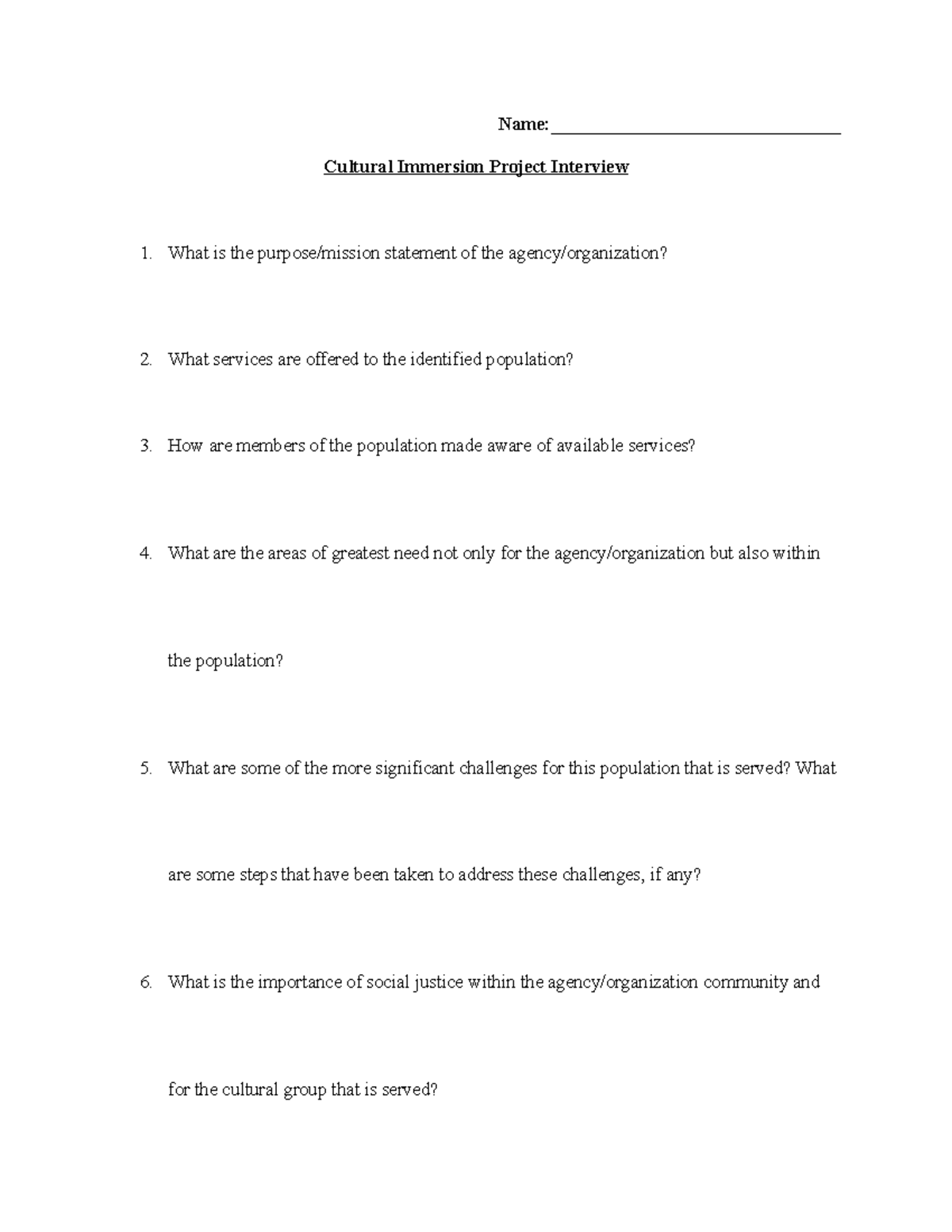 Cultural Immersion Interview Questions for Project Insights - Studocu