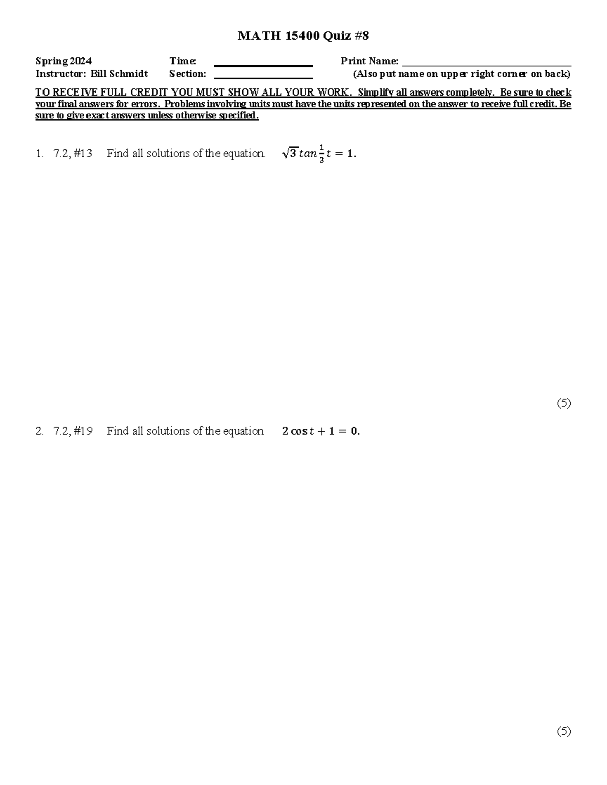 MA15400+Quiz+08 - Bjjb - MATH 15400 Quiz Spring 2024 Time: Print Name ...