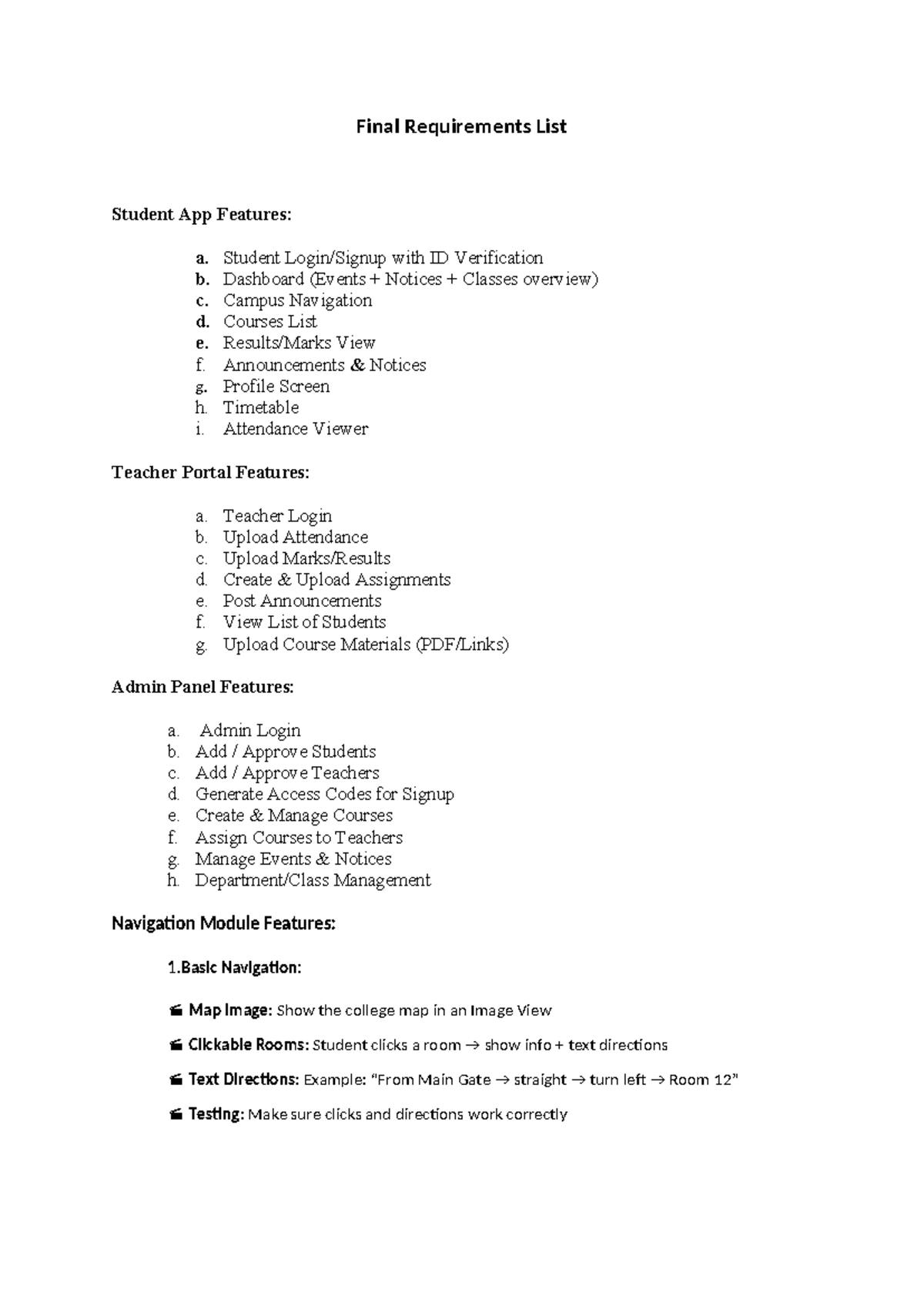 Final Requirements List for Student App Features and Teacher Portal ...