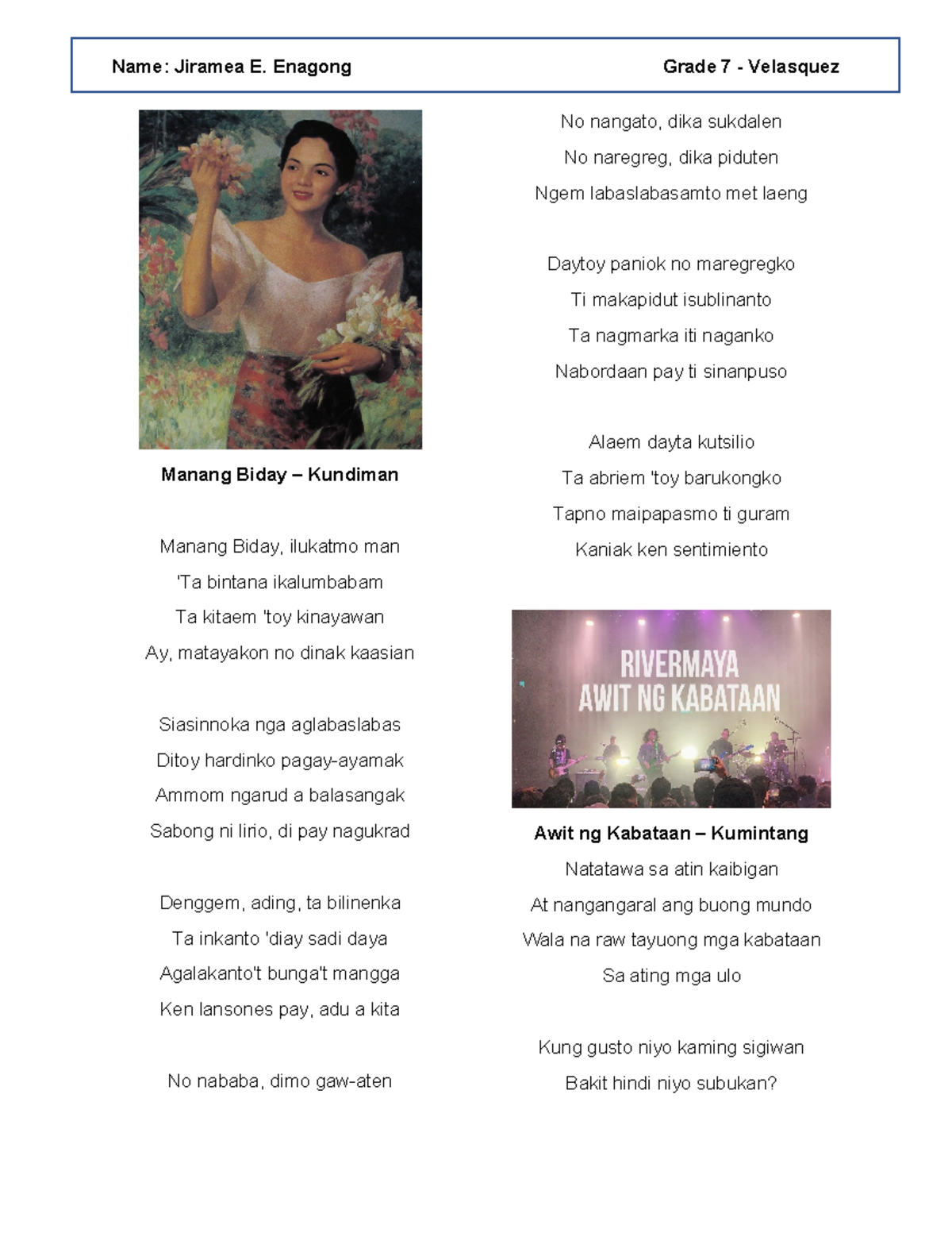 Awiting Bayan - Kundiman, Kumintang, at Balitaw Lyrics Analysis - Studocu