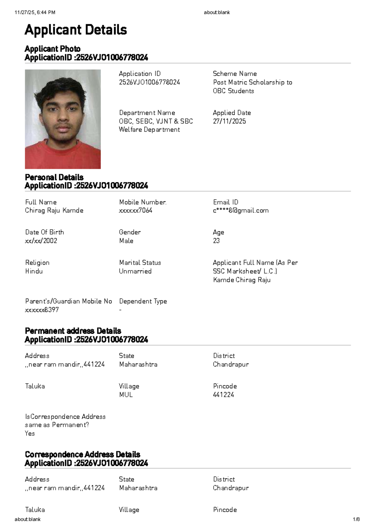 OBC Post Matric Scholarship Application Details for Chirag Kamde - Studocu