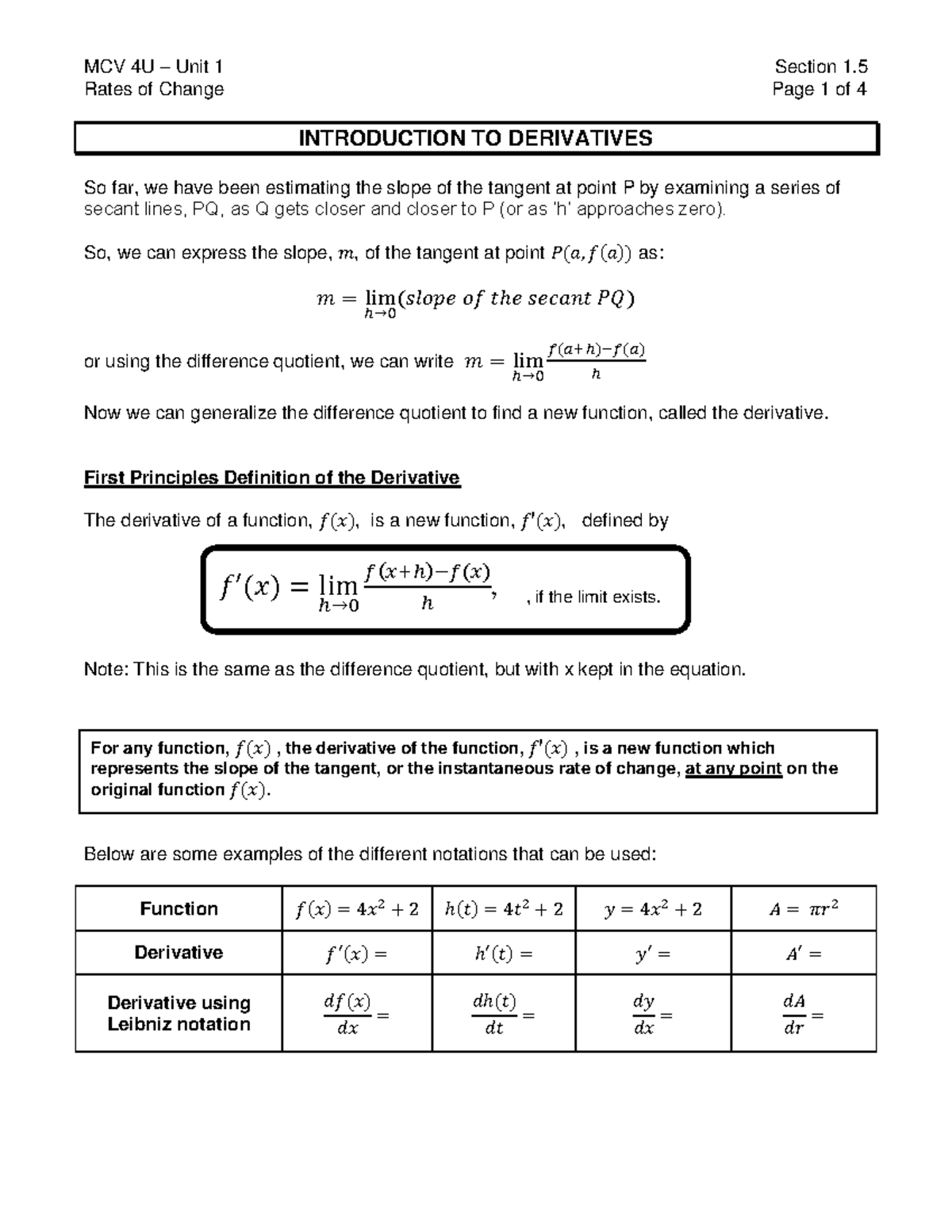 MCV 4U Unit 1 Rates of Change: Intro to Derivatives (1.5) - Studocu