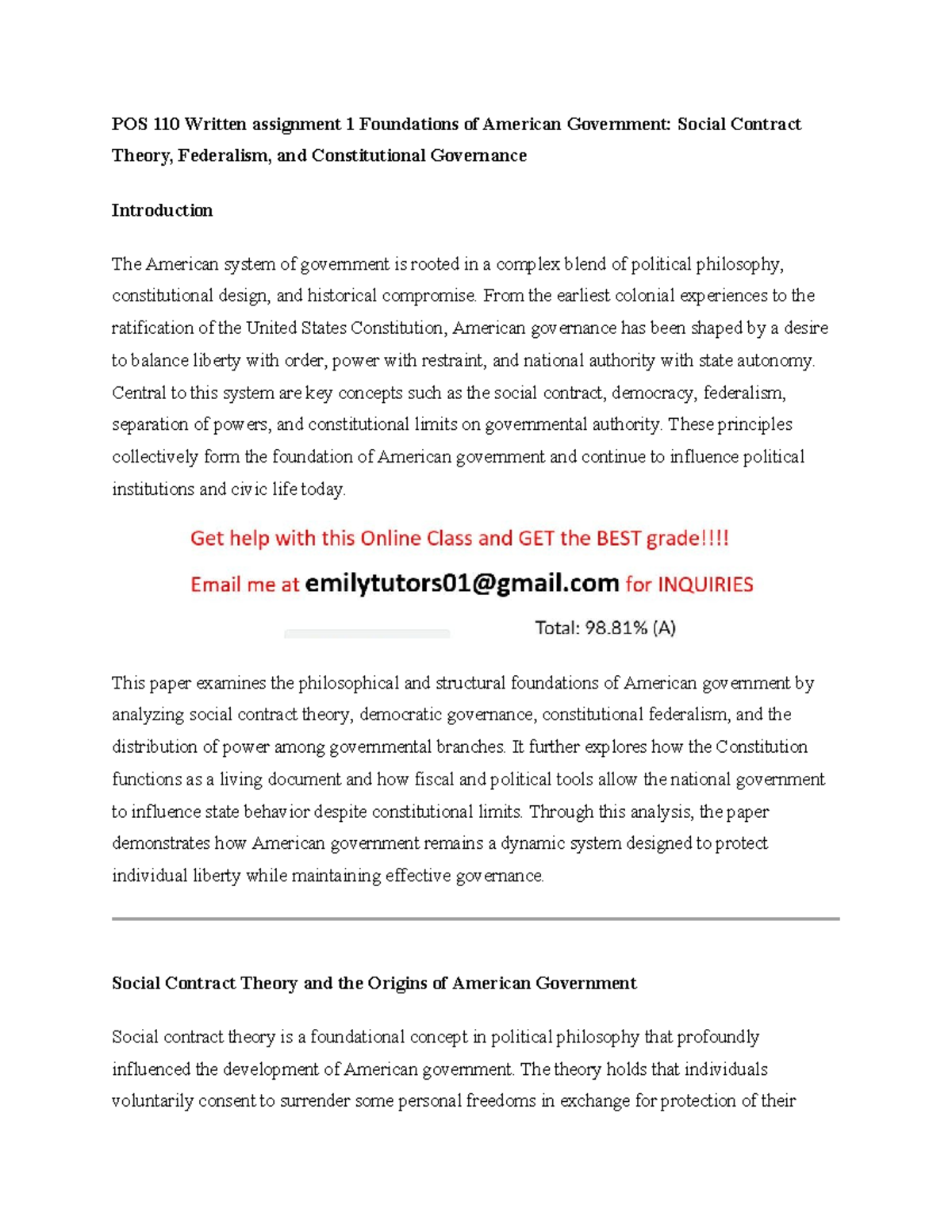 POS 110 Written Assignment 1: Foundations of American Government ...