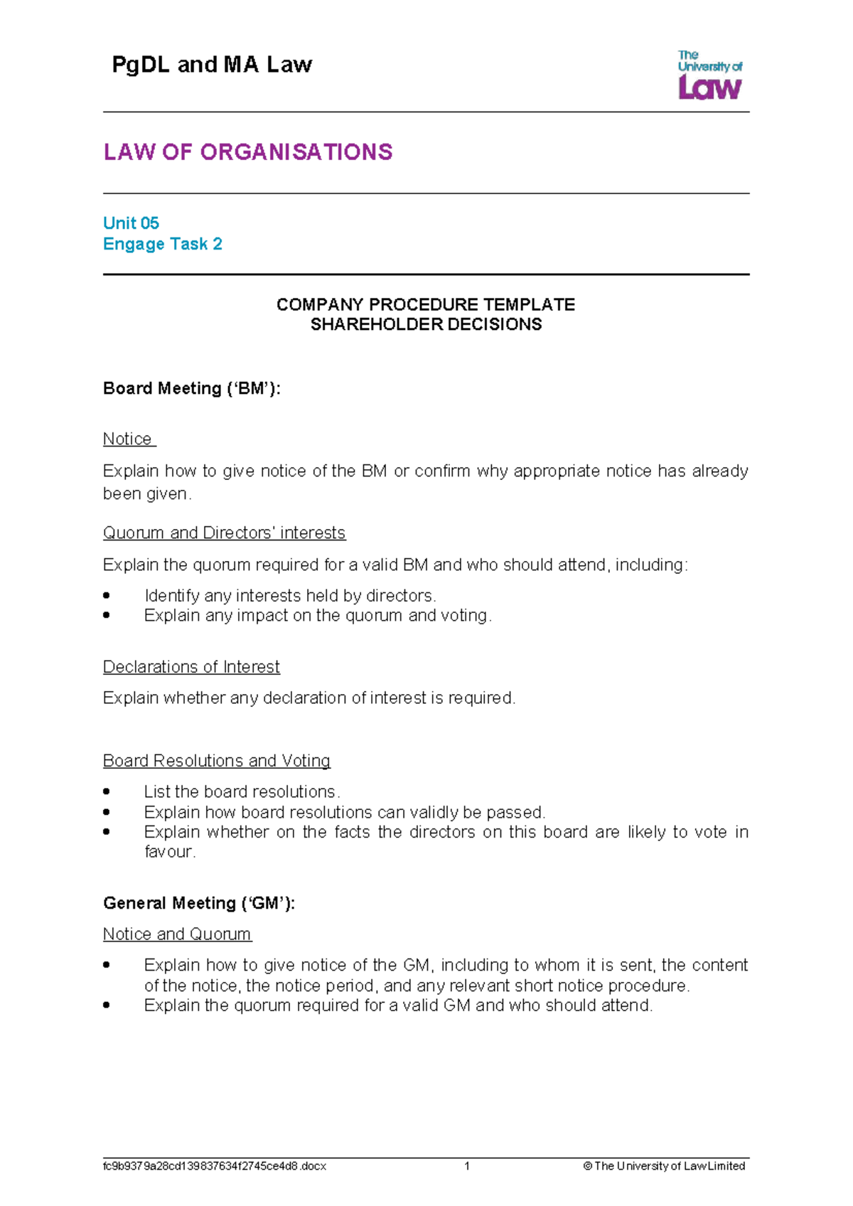 2425 PgDLMA Law Orgs U05 Engage Task 2: Company Procedure Template ...