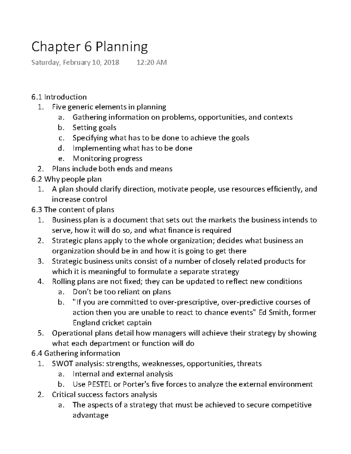 Chapter 6 Planning - Comprehensive Lecture Notes for Overview - Studocu