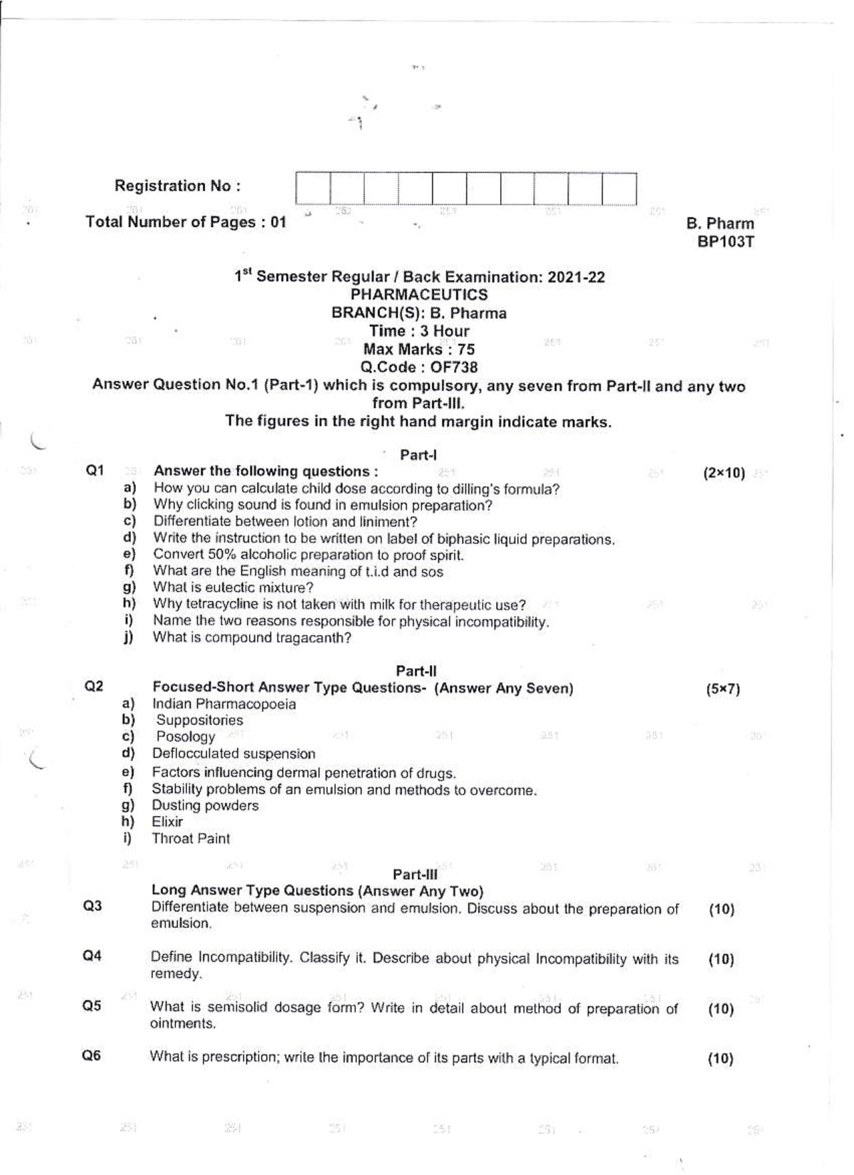 B.Pharm 1st semester Question Paper 2021-22 - Total Number of Paqes ...