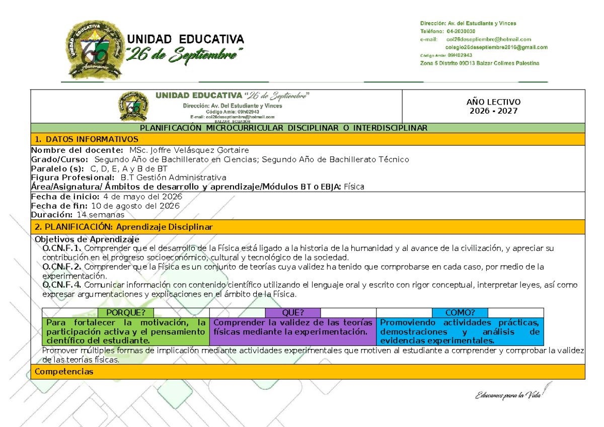 Formato de Planificación Microcurricular 2026-2027 - Física 2° Año - Document Preview