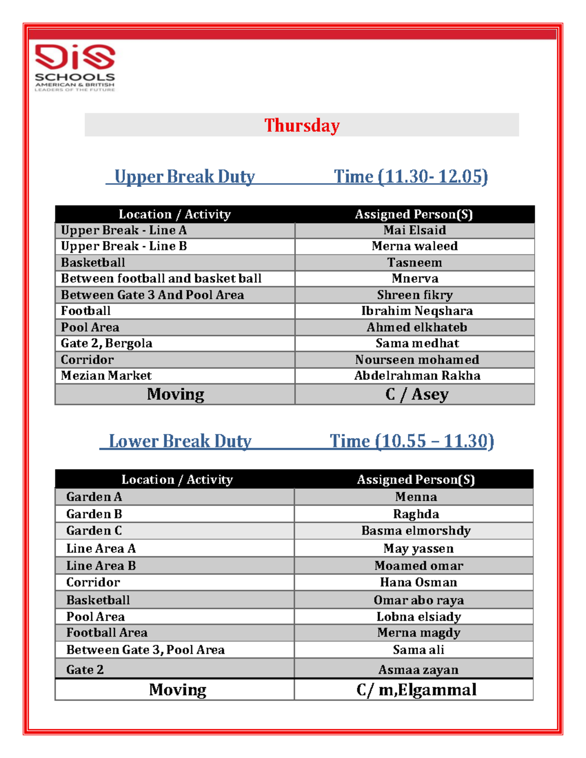 Thursday Upper Break & Lower Break Duty Schedule 14-5 - Studocu