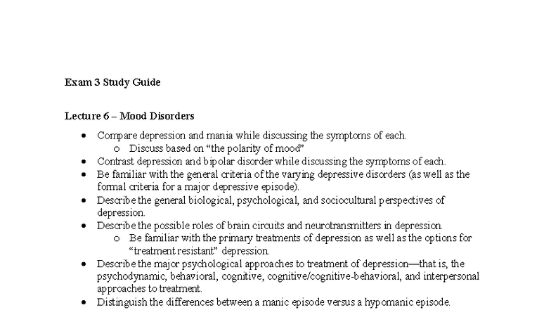 Psychopathology PSY 301 Exam 3 Study Guide: Mood & Eating Disorders ...